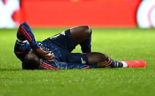 Bukayo Saka was on the receiving end of a hefty challenge during Arsenal’s 2-0 win at Port Vale