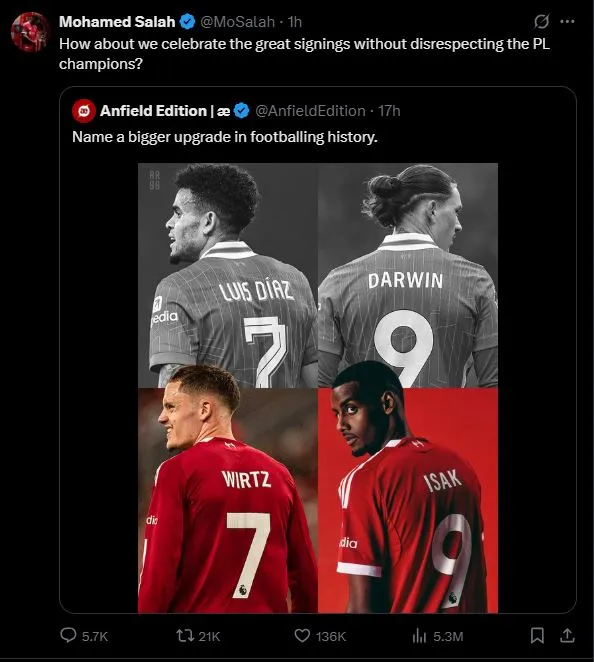 ซาลาห์ โต้กลับเพจแฟนบอลลิเวอร์พูล ชี้ ‘ไม่ให้เกียรติ’ หลังโพสต์ฉลองซื้อตัว อิซัค และ เวิร์ตซ