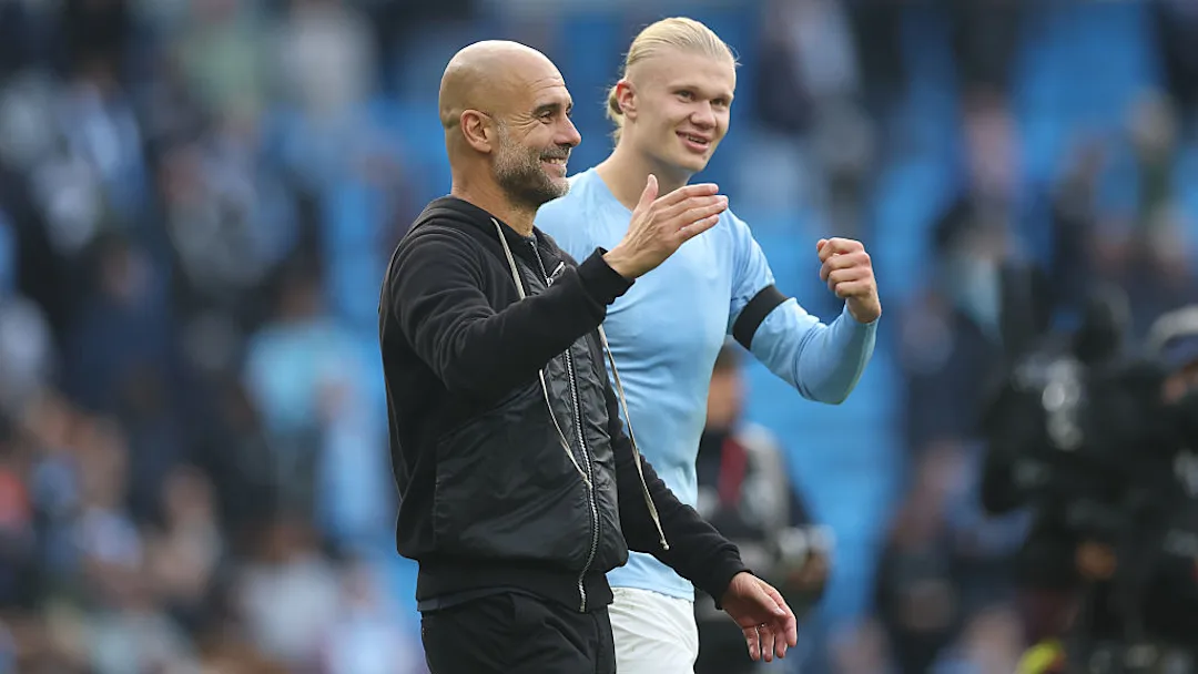 Pep Guardiola (left) discussed Erling Haaland’s form.