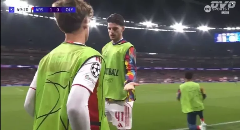 Declan Rice was spotted teasing Max Dowman during Arsenal's clash against Olympiacos